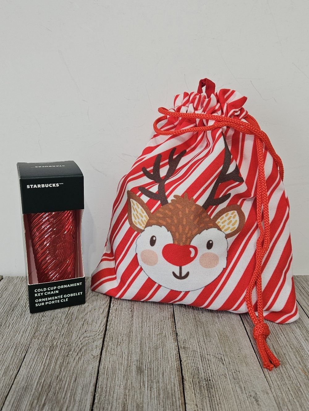 Starbucks Red Cold Cup with Logo Keychain and Red White Striped Drawstring Reind